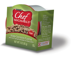 Chef Michael’s® Canine Creations Herb Chicken Flavor and rice & spinach garnishes in meaty juices packaging